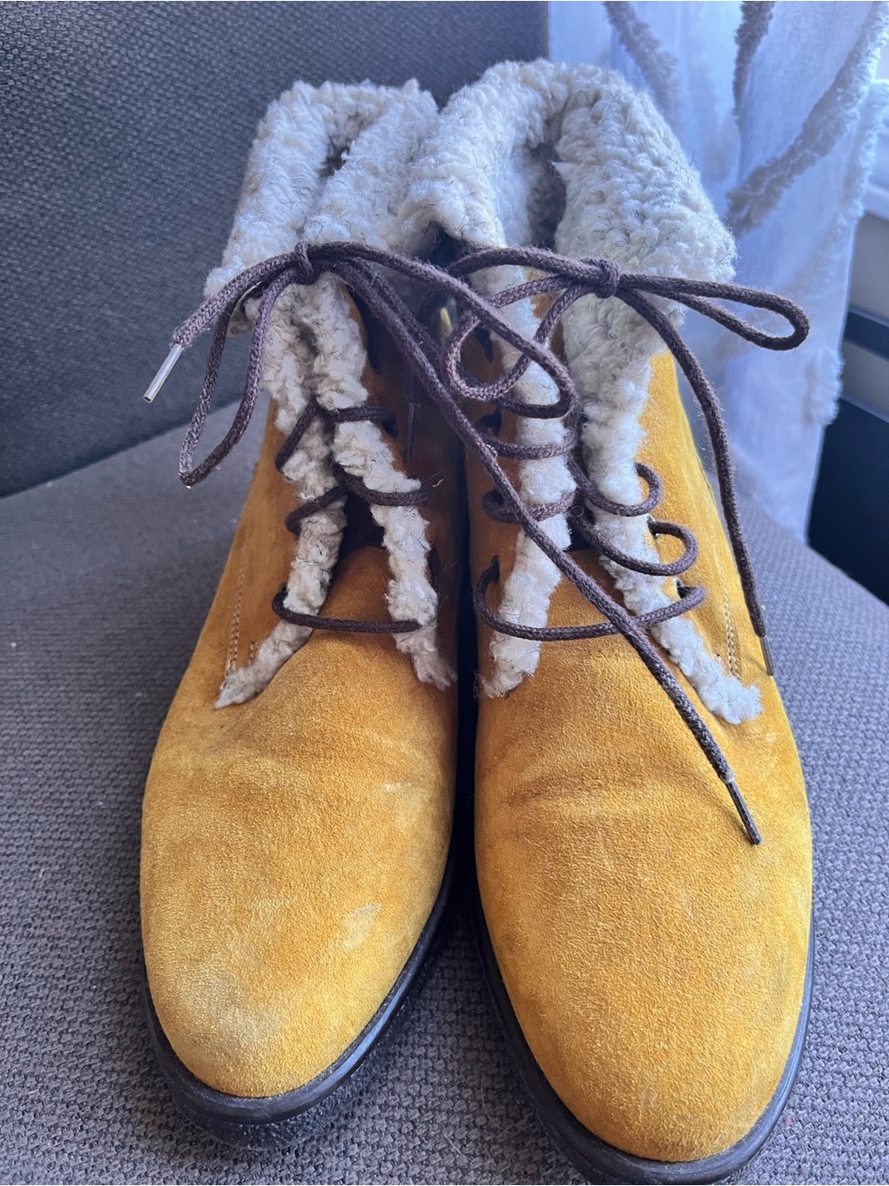 Vintage Hush Puppies Suede Shearling Lace-Up Ankle Boots in Mustard